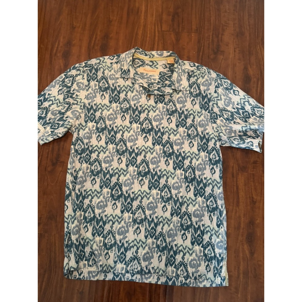 Tommy Bahama Shirt Mens Small Blue Geometric Short Sleeve Button Up 100% Silk